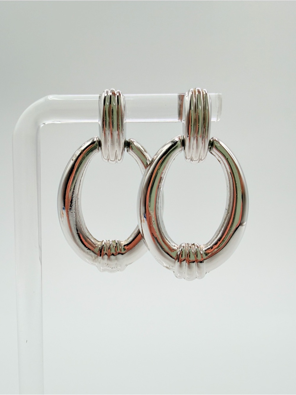 Vendome Silver Tone Oval Hoop Post Earrings Vintage Signed